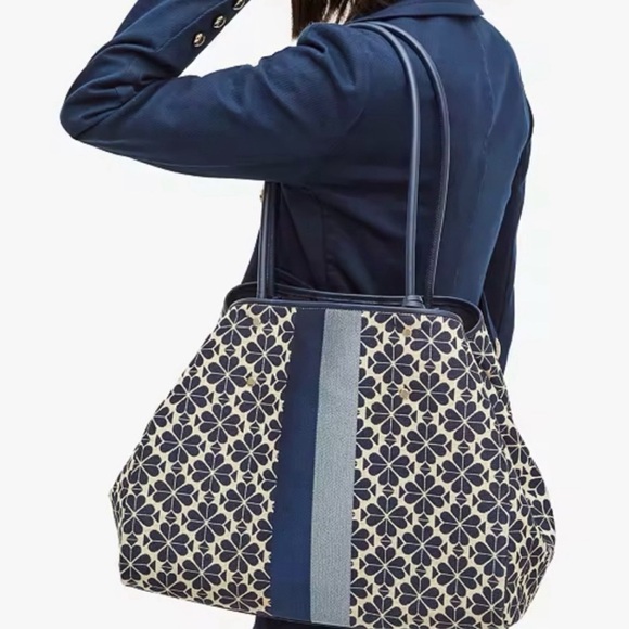 New w/o tags Kate Spade ♠️ Lg Flower Jacquard Stripe Everything Blue Tote 👜 - Picture 12 of 13